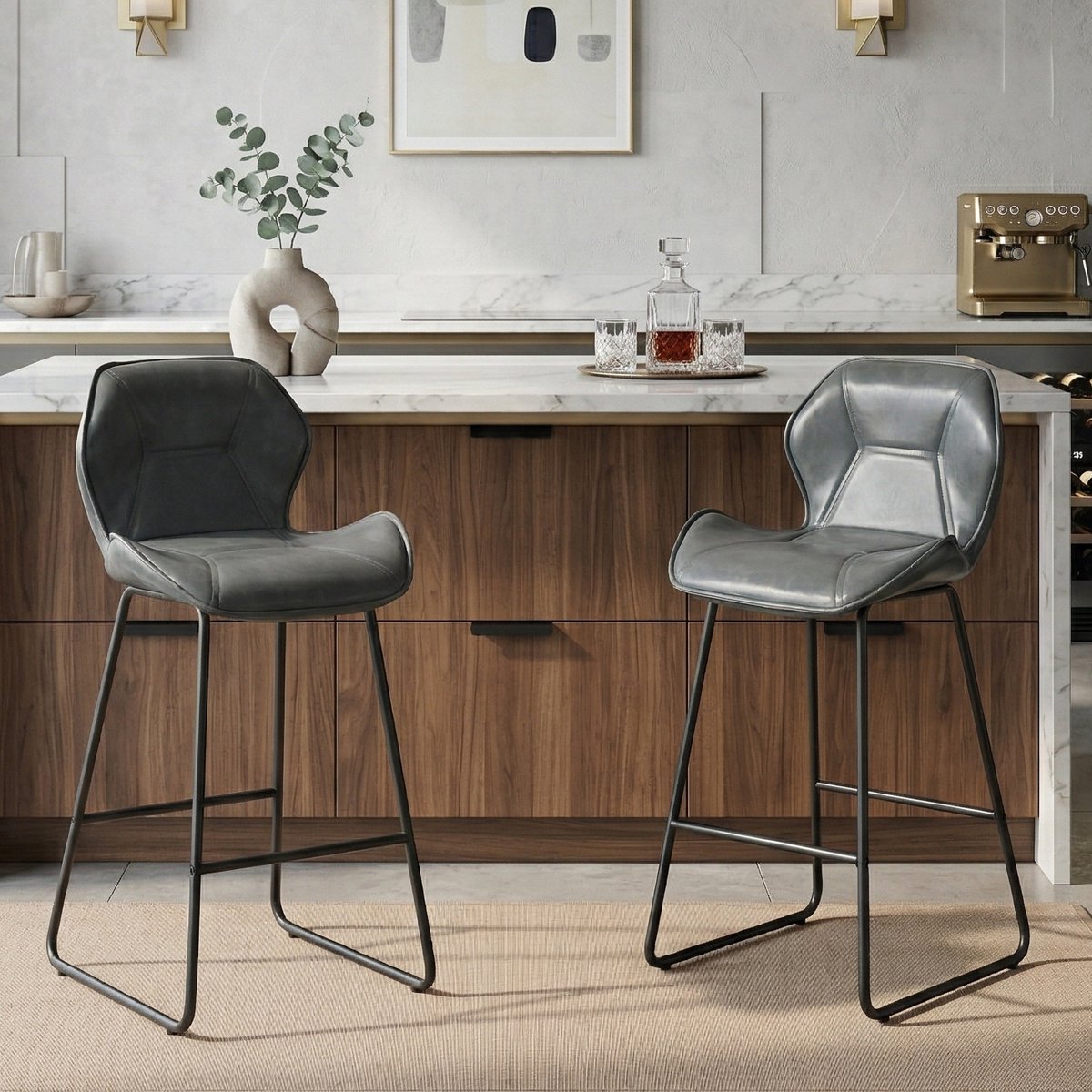 OKWISH Barstoel – Met Rugleuning & Voetensteun – Set Van 2 – Kunstleer En Metaal – Modern – Grijs