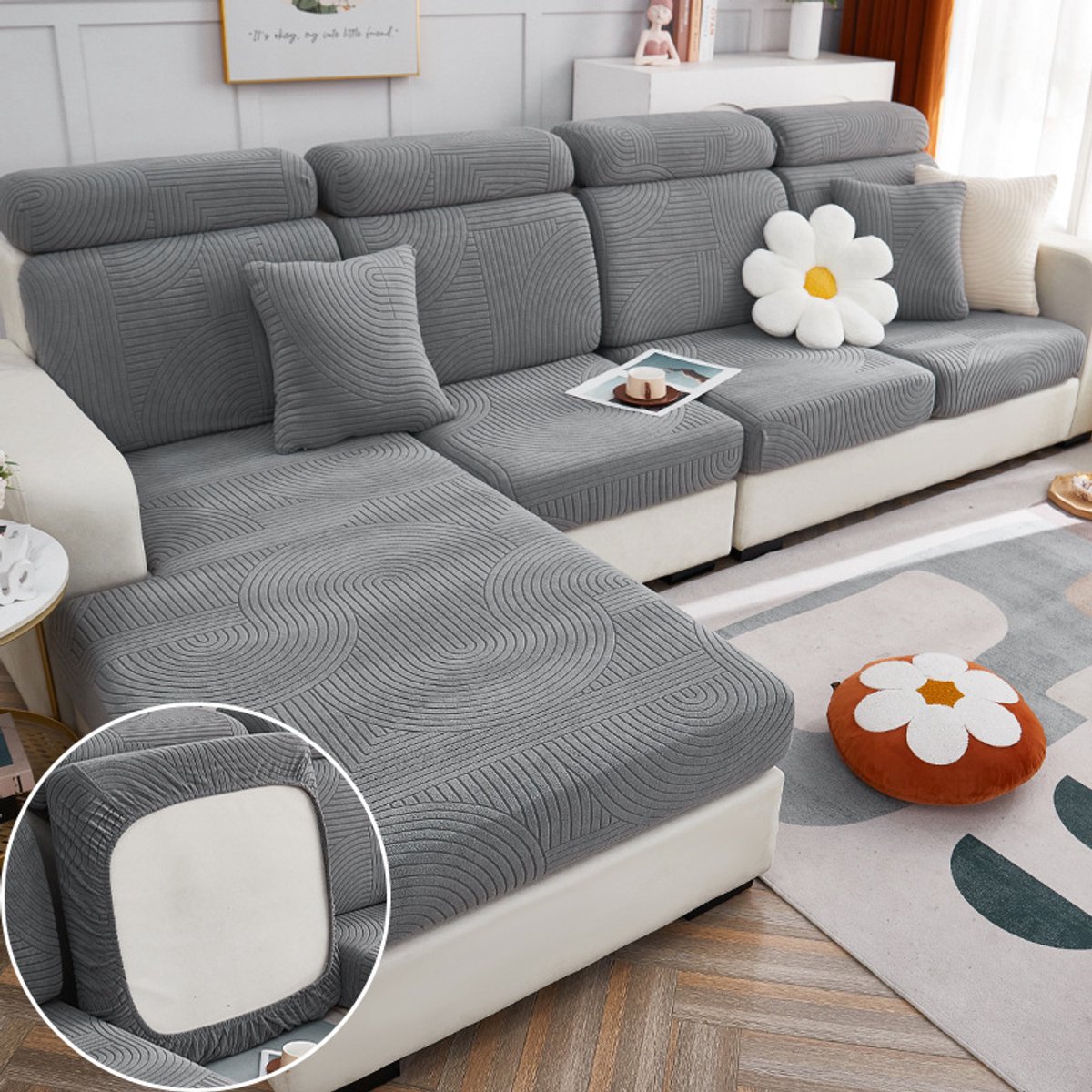 Bankkussens - Elastische Bankbedding - Universele Beschermingsbedding Voor Meubels - Wasbaar - Geschikt Voor Gedeeltelijke Bankbedding (Donkergrijs, Maat M)