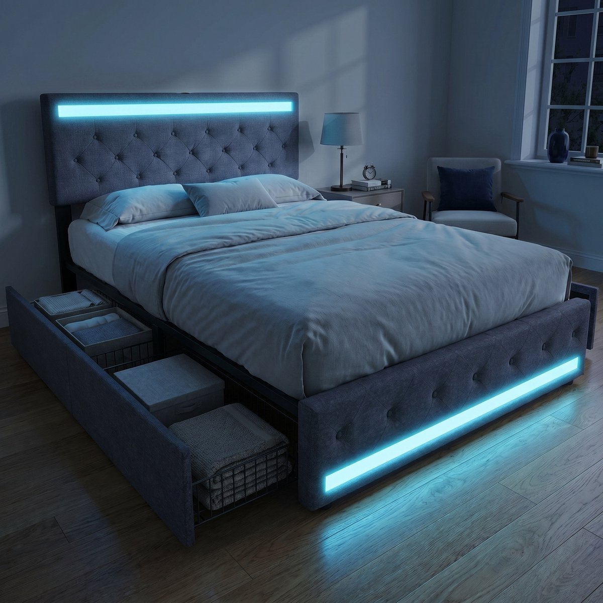 Opbergbed 140x200 cm met 4 lades - Gestoffeerd Tweepersoonsbed met RGB LED-verlichting - Lattenbodem en verstelbaar hoofdbord - linnen - grijs