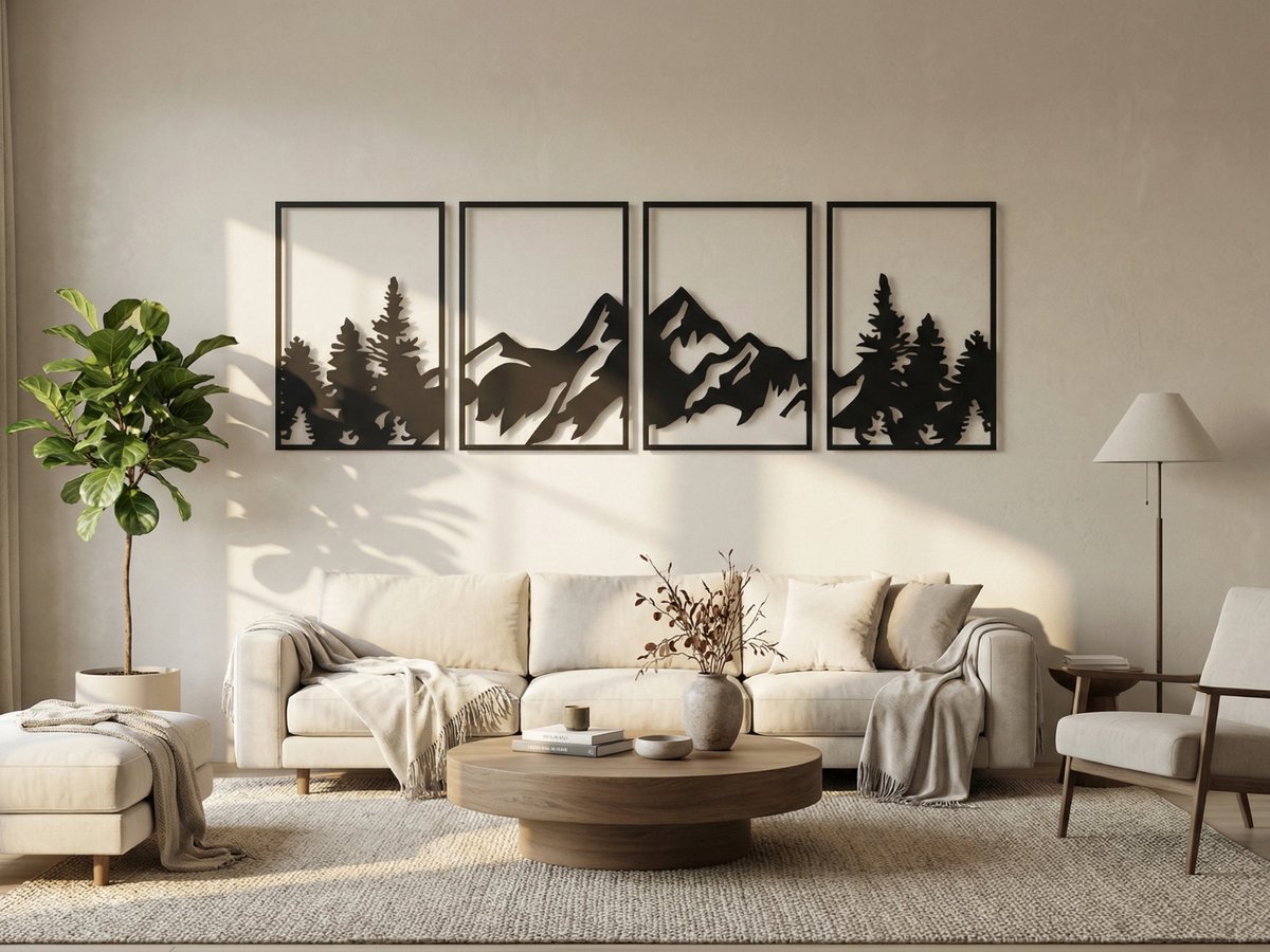 Wanddecoratie Bergen, Houten Wandbeeld, 3D Wanddecoratie voor Thuis, Moderne Beelden voor Huis Kantoor Slaapkamer, Woonkamer en Keuken - 268x96 cm