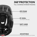 Binnenzijde van een zwarte fietshelm, toont EPS foam, PC shell en soft liner. Verstelbaar.