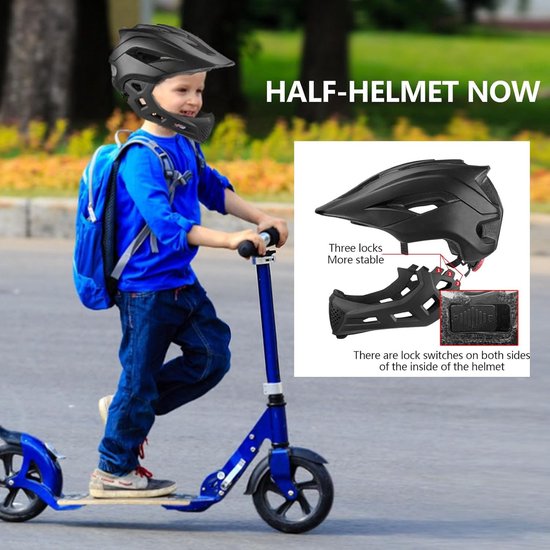 Jongen op een step met een zwarte fietshelm. Inzet toont helm met kinbescherming en 'drie sloten, stabieler'.