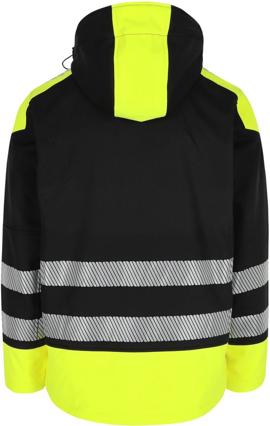 Veste softshell noire, dos avec capuche jaune fluorescent et bandes réfléchissantes.