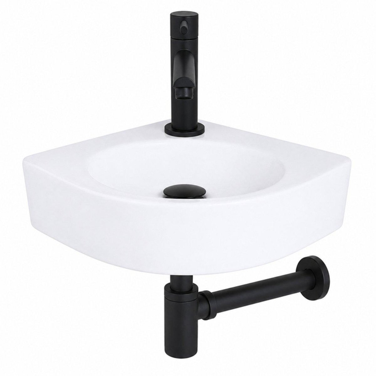 QeramiQ Fuente fonteinset - 30x30x10cm - 1 kraangat - hoek - keramiek - fonteinkraan zwart mat - glans wit