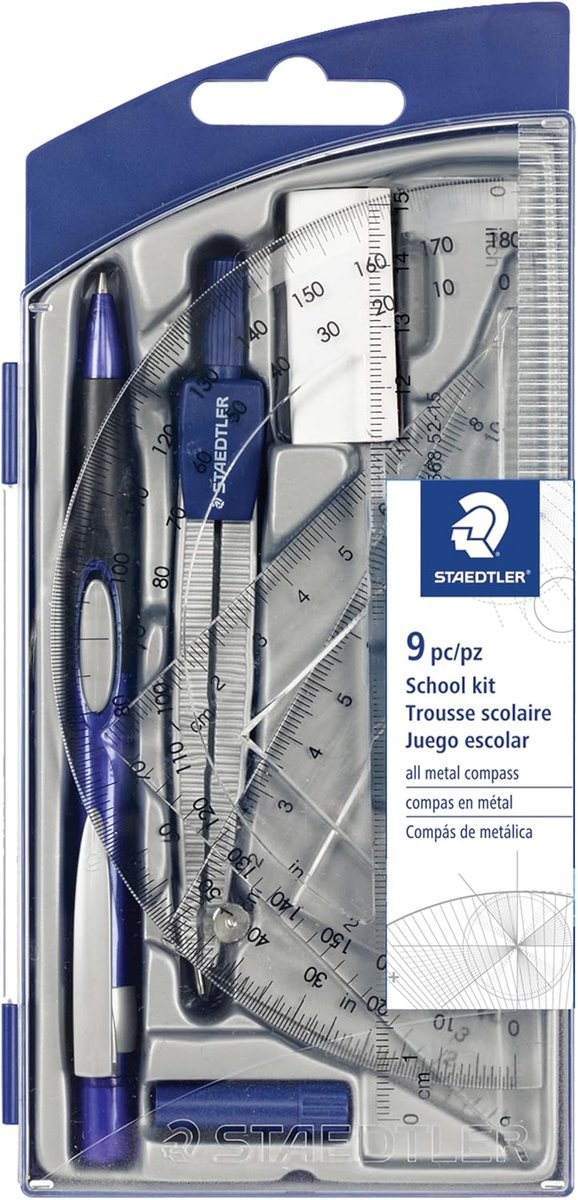 School Reken Set - Meetinstrumenten Set - Wiskunde Leren - Compleet Geometrie Pakket - 9 Delen - Multikleurig