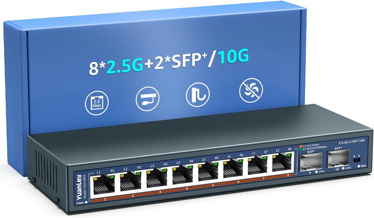 Netwerk Switch - Ethernet Hub - Snelle Dataoverdracht - 10 Poorten 2.5G - 8x 2.5G 2x 10G - Zwart