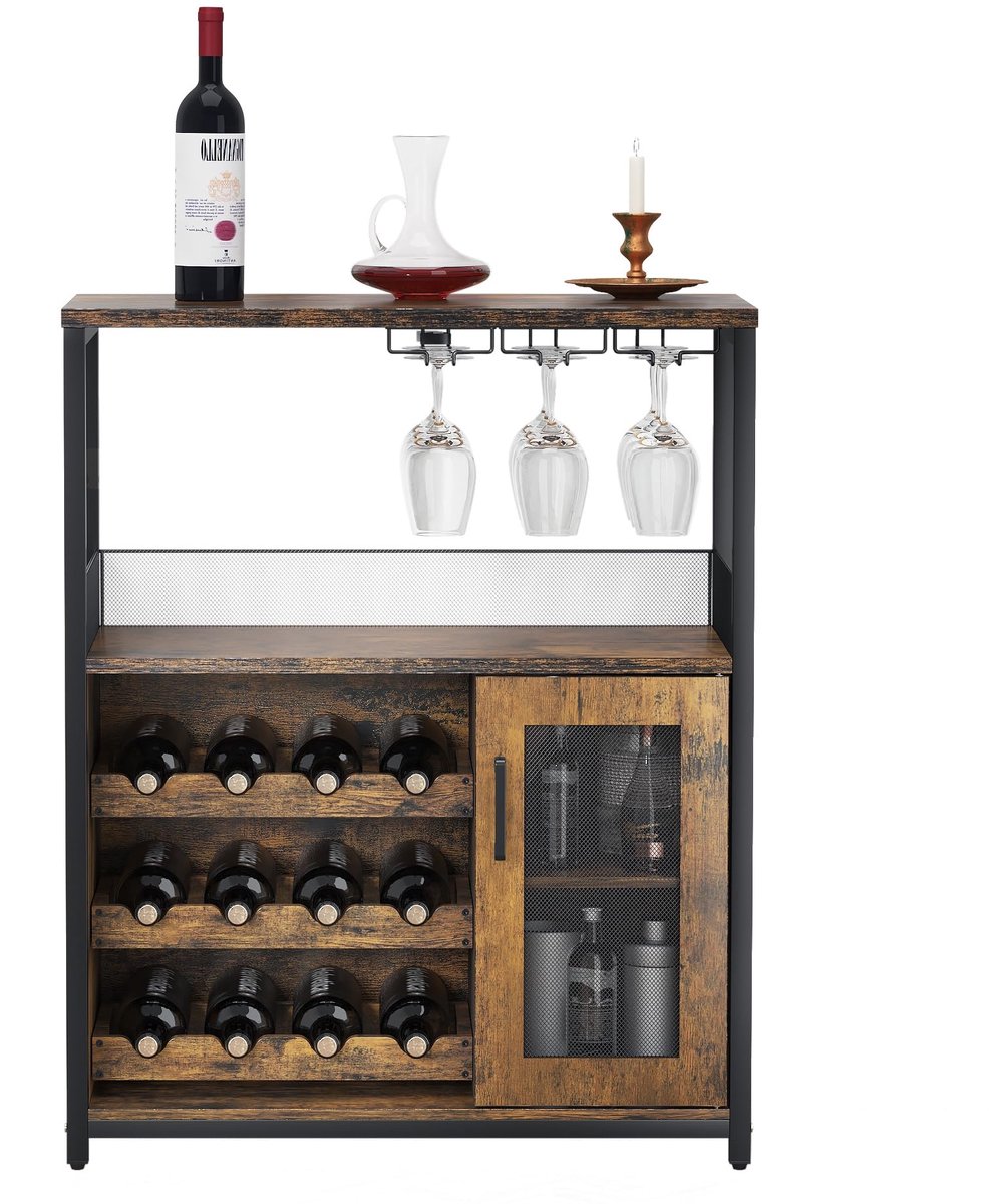 Triumpunpre Wijnkast - Vrijstaande Bar Kast met Wijnrek voor 16 Flessen, Glashouder en Mesh Deur - 72x35x90 cm - Wijnkabinet met Verstelbare Schappen - Retro Stijl Wijnmeubel voor Woonkamer, Keuken, Eetkamer
