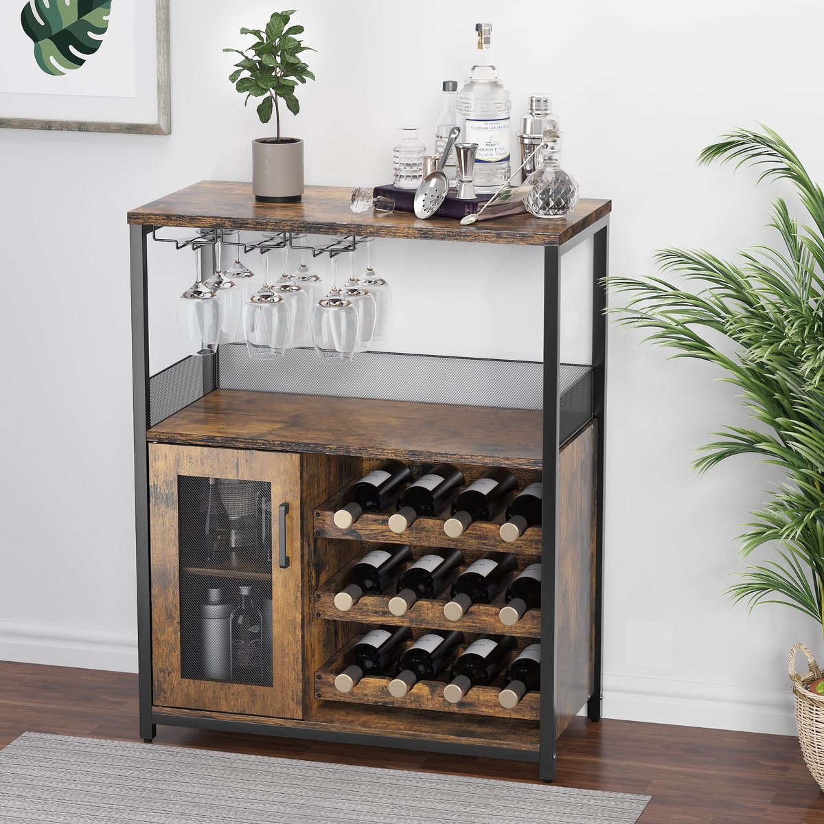 Triumpunpre Wijnkast - Vrijstaande Bar Kast met Wijnrek voor 16 Flessen, Glashouder en Mesh Deur - 72x35x90 cm - Wijnkabinet met Verstelbare Schappen - Retro Stijl Wijnmeubel voor Woonkamer, Keuken, Eetkamer – foto 5