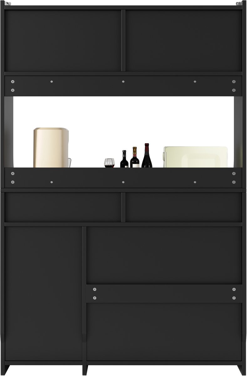 Keukenkast, hoge kast, vitrinekast, buffetkast met verstelbare planken, eetkamer-kast met 2 laden, sideboard met LED-verlichting, instelbare lichtkleuren, zwart