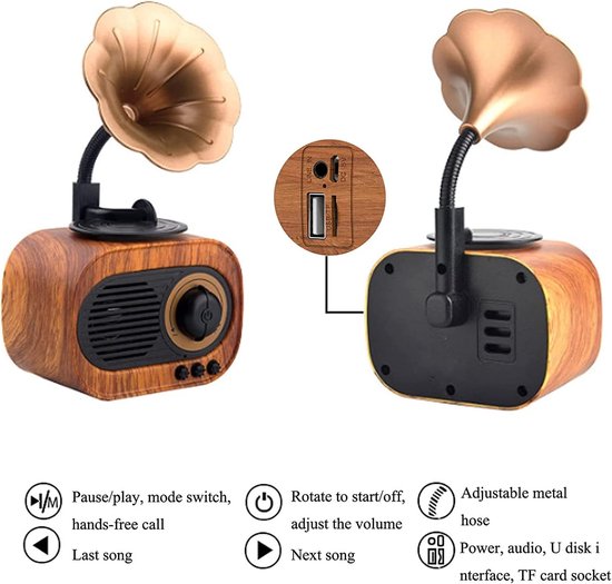Retro muziekluidspreker, vintage draadloze draagbare buitenluidspreker met luid stereogeluid, oplaadbare luidspreker, ingebouwde microfoon, ondersteuning voor het beantwoorden van oproepen, USB-, TF-kaart- en AUX-ingang voor thuis. — afbeelding 4