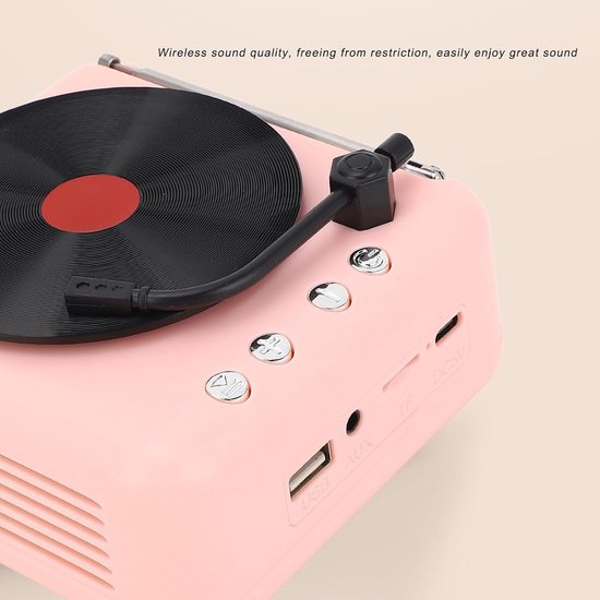 BT5.0 stereoluidspreker, retro platenspeler design, 1200mAh batterij, roze — afbeelding 3