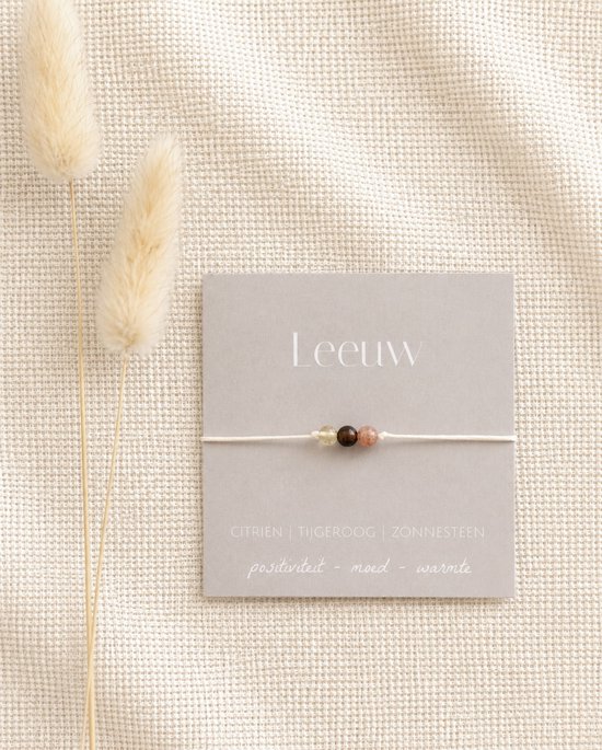 Bracelet avec trois perles de citrine, œil de tigre et pierre solaire sur une carte grise avec le texte 'Leeuw'.