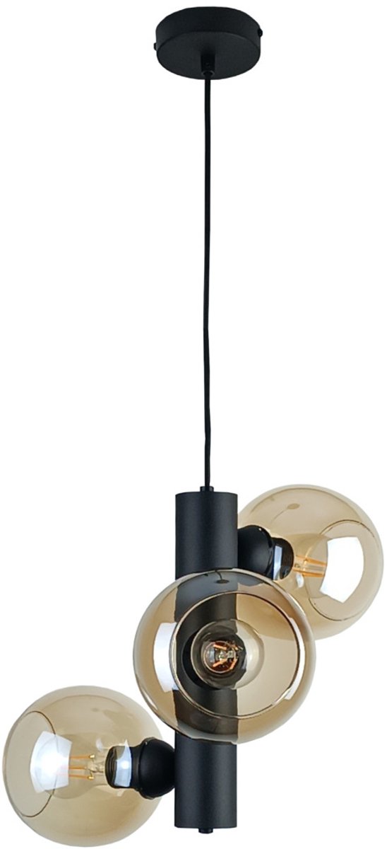 KETER LIGHTING Tube Black Honey Hanglamp 3xE27 – Zwart Metaal & Amber Glazen Lampenkappen