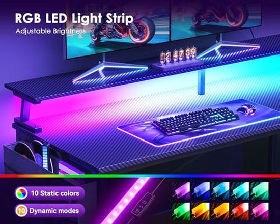 Gamingbureau 40 inch met USB-stopcontacten en LED-verlichting - Omkeerbaar L-vormig Computerbureau voor Thuiskantoor met Opbergplanken en Monitorstandaard — afbeelding 2