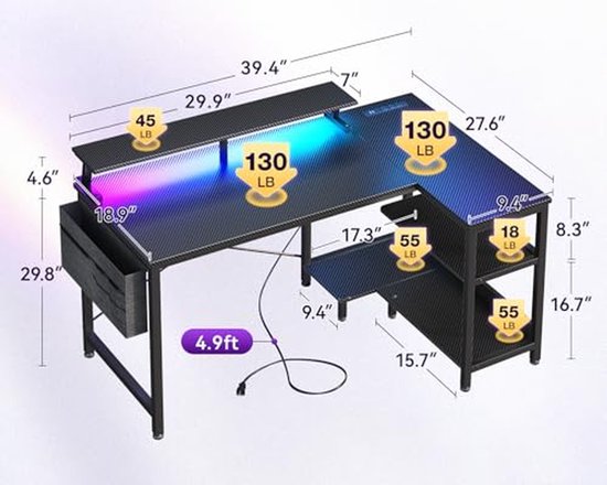 Gamingbureau 40 inch met USB-stopcontacten en LED-verlichting - Omkeerbaar L-vormig Computerbureau voor Thuiskantoor met Opbergplanken en Monitorstandaard — afbeelding 3