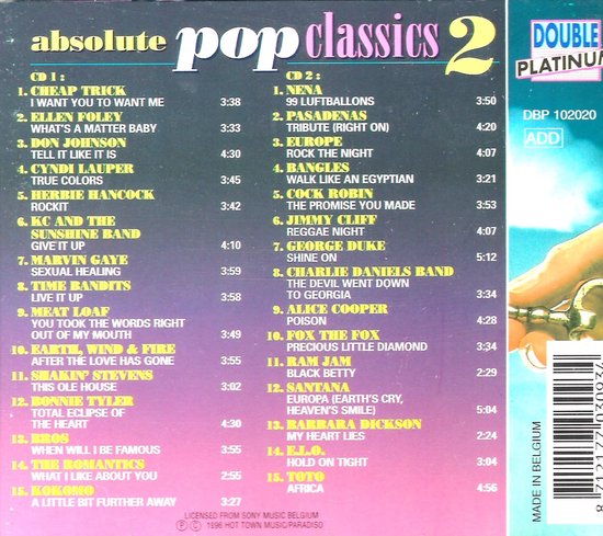 Tracklist van de CD "Absolute Pop Classics 2" met de titels "Cheap Trick", "Cyndi Lauper" en "Earth, Wind & Fire".