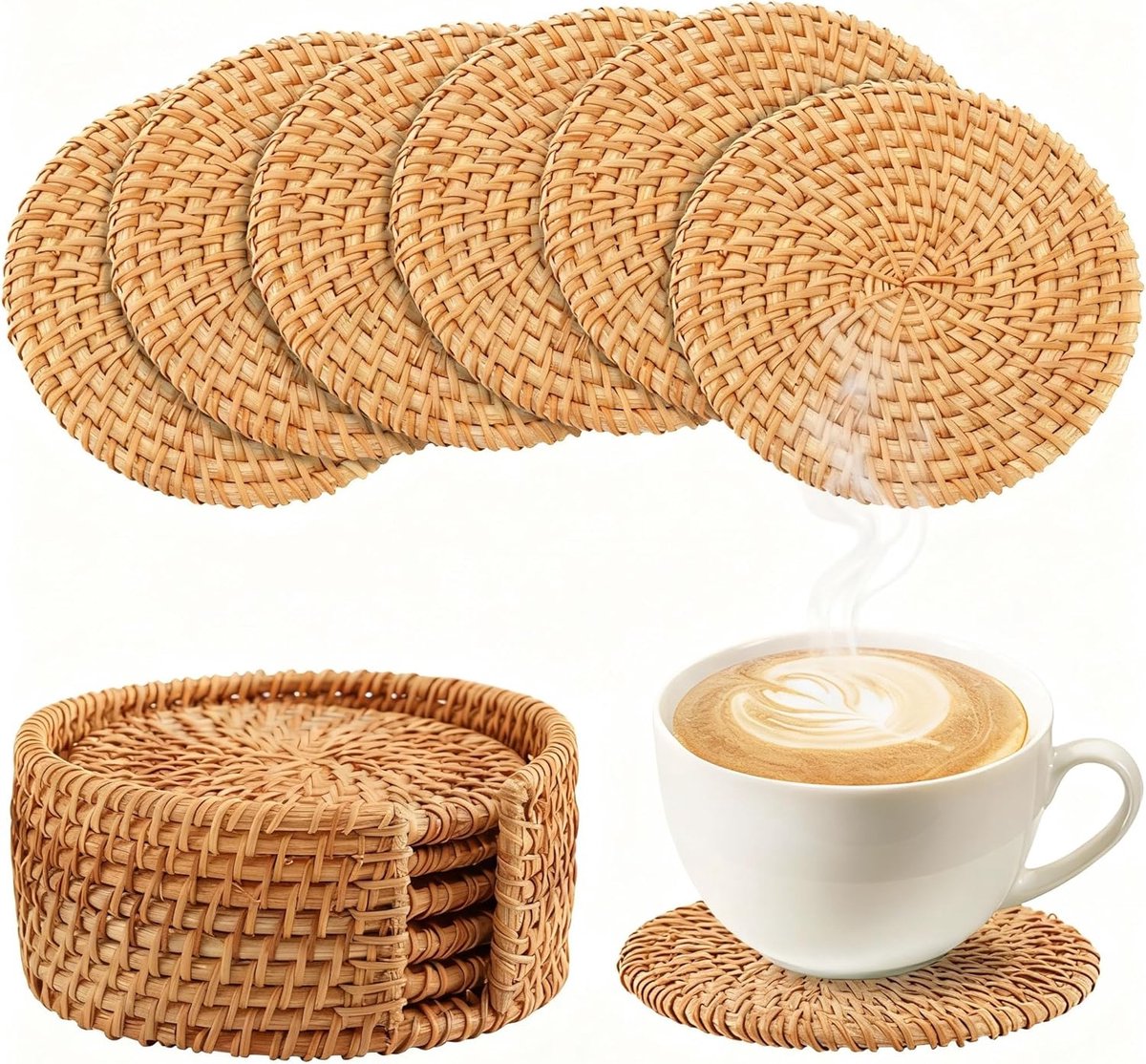 6 Delen Natuurlijke Rotan Onderzetters Met Houder - 10 Cm Weerhout Drinkonderzetters voor Tafelbescherming - Boho Stijl Woonaccessoire en Geschenk