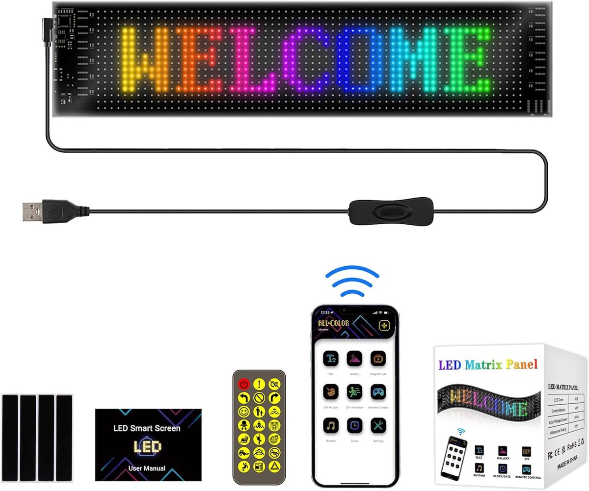 Lzwintrading - Flexibel LED Displaybord - 37 x 9,2 cm - LED Naamplaatje - Programmeerbaar, Bluetooth Smart App Led RGB Paneel voor Speelkamer, Feest, Reclamebord, Auto, Vrachtwagen, Bar, Cadeau
