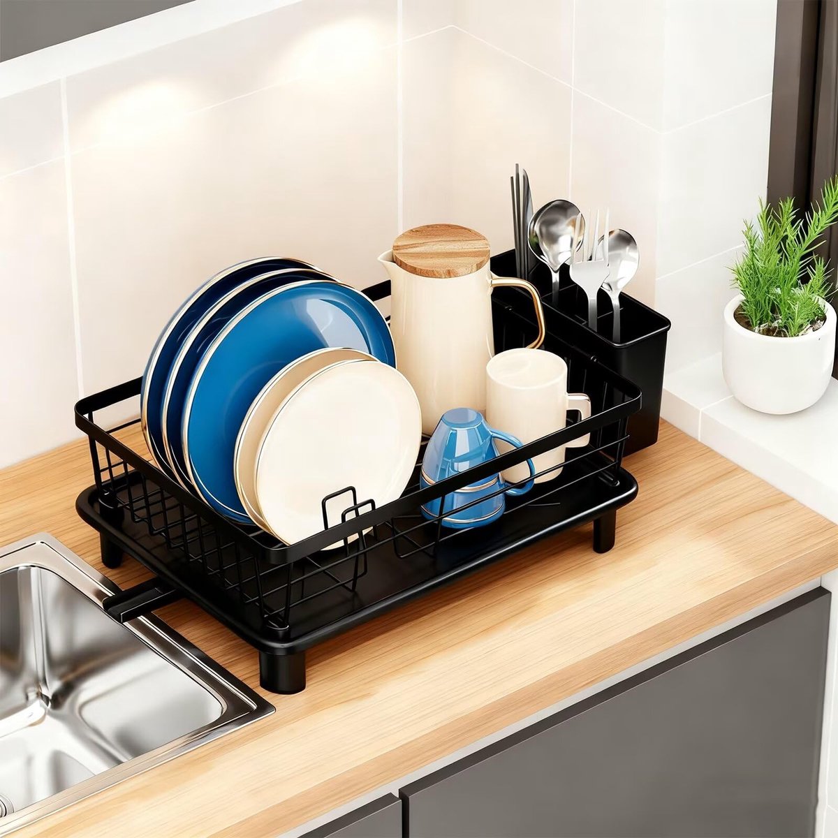 Afdruiprek met lekbak - Afdruiprek met Bestekhouder – 2-in-1 rvs Afwasrek voor Borden, Kommen en Glazen – Compact Droogrek voor Aanrecht – Zwart