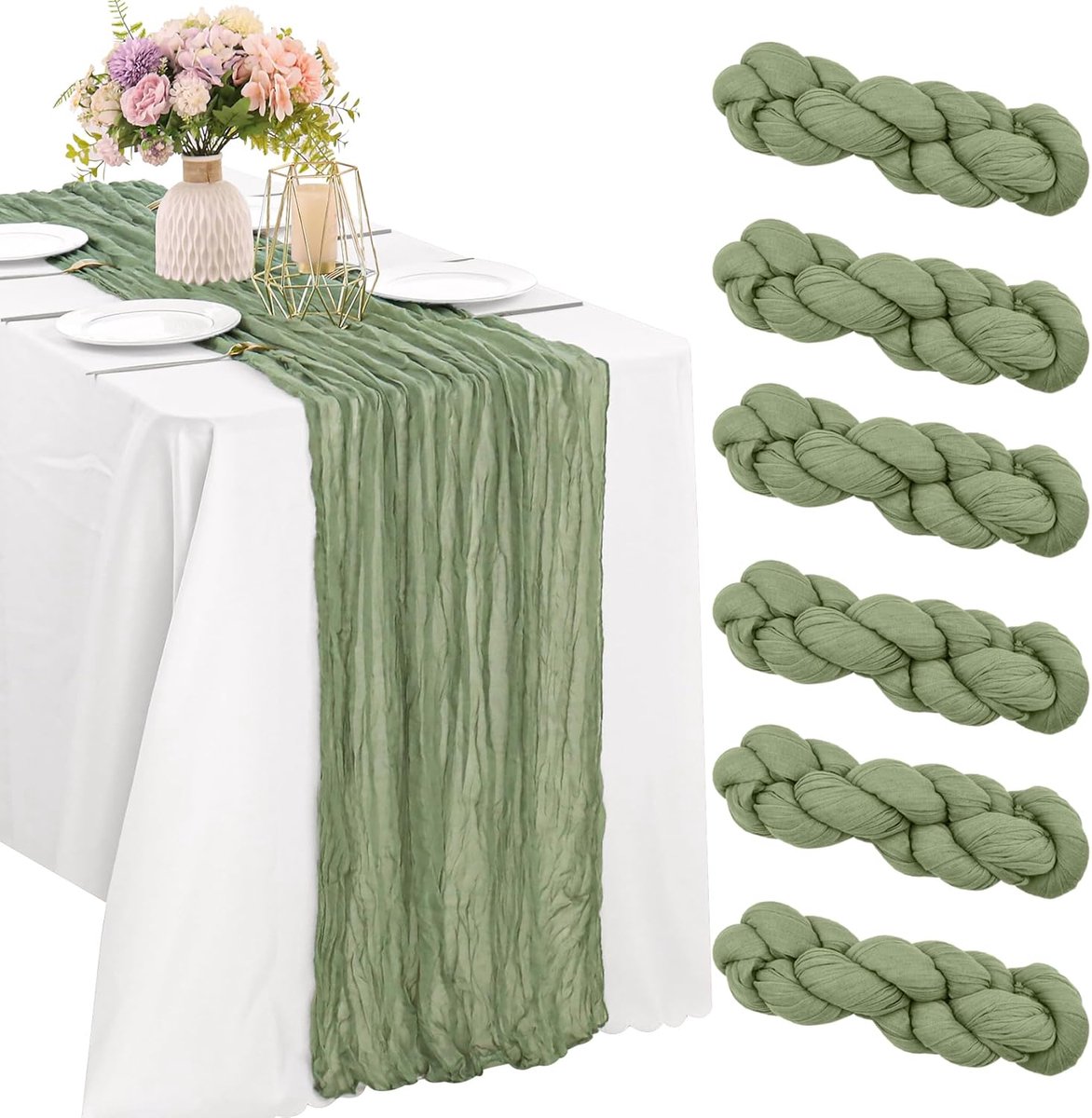 6 Delen Salie Groen 10FT Linnen Tafelloper Boho Gaas Tafelloper Rustieke Doorzichtige Loper Voor Huwelijk Verjaardag Baby Show Party Tafeldecoratie - 60x180cm