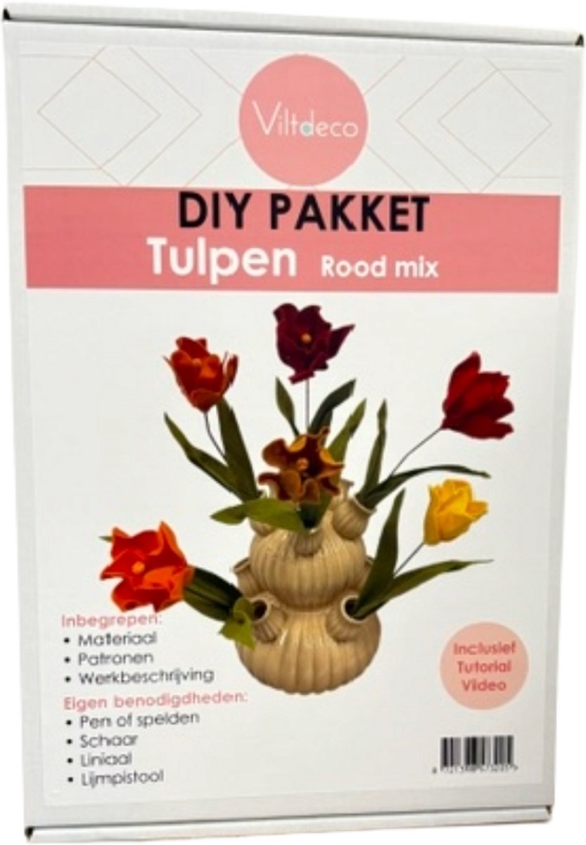DIY Pakket - Viltdeco - Vilt bloemen - Hobbypakket - Tulpen - Tulpen van vilt maken - Rood mix