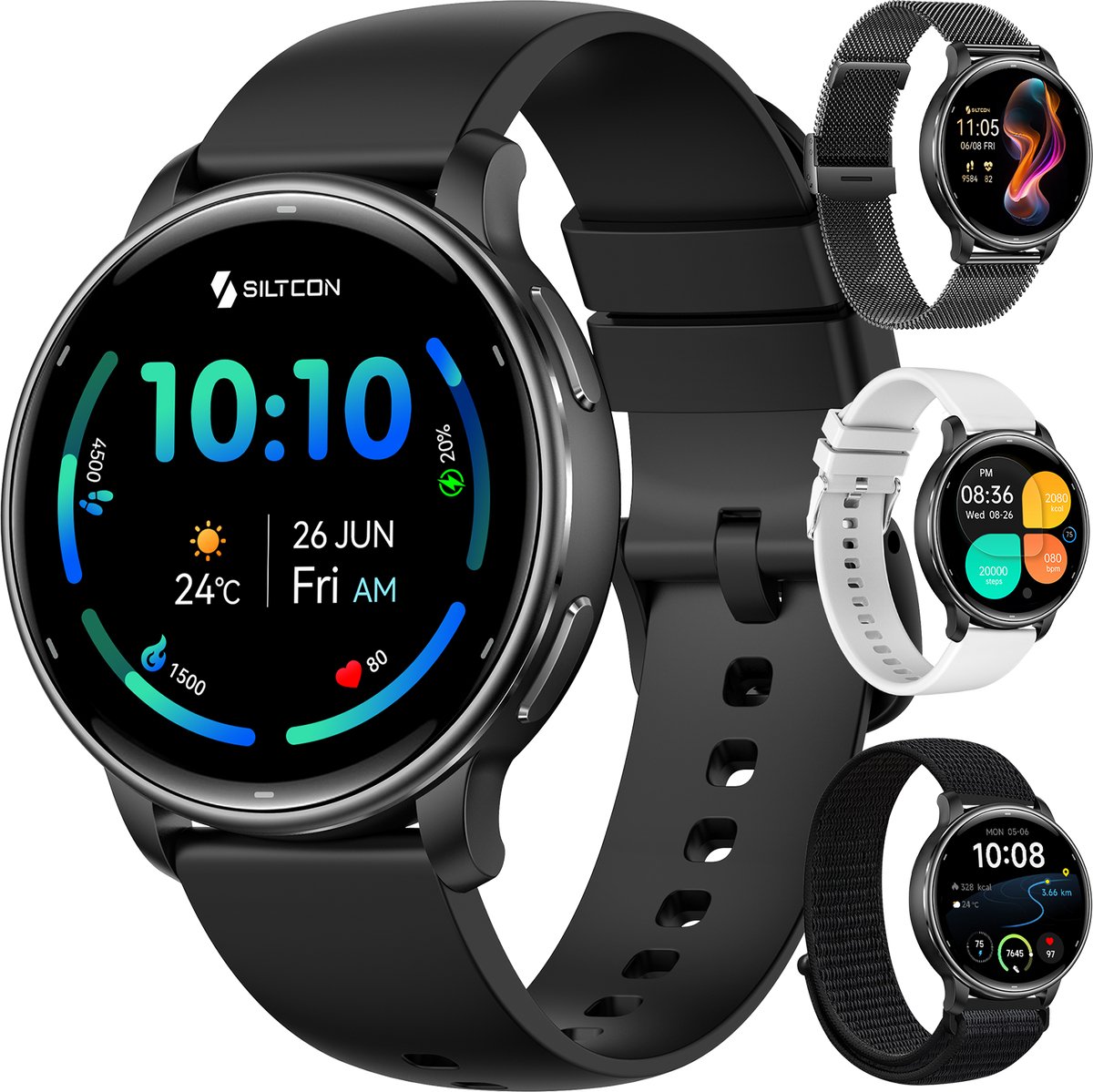 Siltcon® FitTrack Pro GPS Smartwatch Dames - Smartwatch Heren - Sporthorloge Dames - Horloge Heren - Stappenteller - Hartslagmeter - Saturatiemeter - Belfunctie - 200+ Sportmodi - Kompas - AMOLED - Geschikt voor iOS/Android - Strava - 4 Bandjes