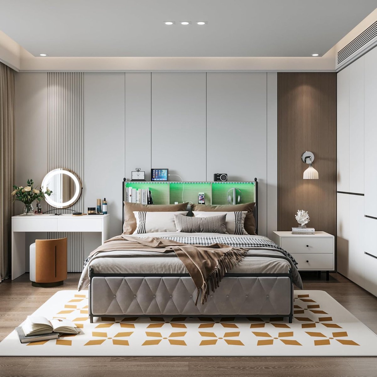 Bedframe met laden - Opbergbed - Slaapkamer organiseren - Geïntegreerde LED en USB - 140 x 200 cm - Beige