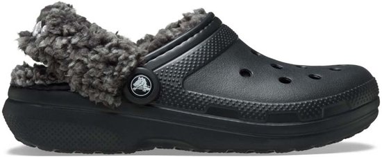 Croc noir classique avec doublure polaire grise et bride arrière.