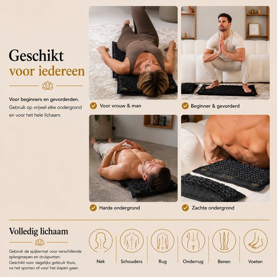 Vrouw en man gebruiken spijkermat. Tekst: Geschikt voor iedereen.