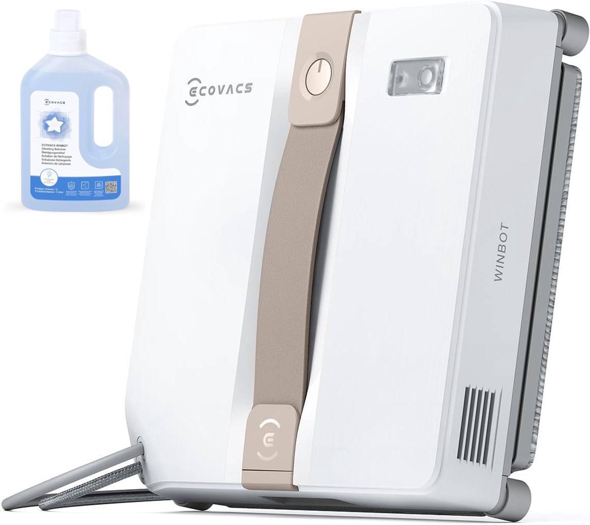 ECOVACS WINBOT MINI Robot Ramenwasser– Robot ramenreiniger-Ruitenreiniger-9 Traps veiligheidssysteem – Intelligente routeplanning – 3 reinigingsmodi – Beige – Voor ramen – Spiegels – Glazen deuren– 1000ml Schoonmaakmiddel