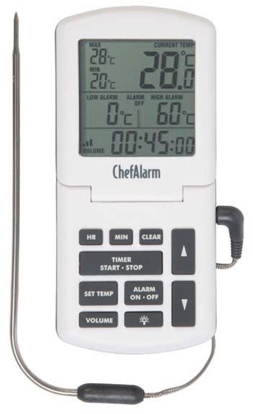 Witte ChefAlarm oventhermometer met digitale display en RVS sonde.