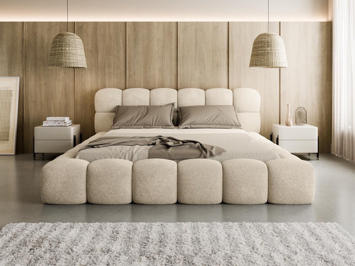 Compleo24- Gestoffeerd bed Tweepersoonsbed, Bubble bed, Bouclé-Gewebe- Wit-180x200