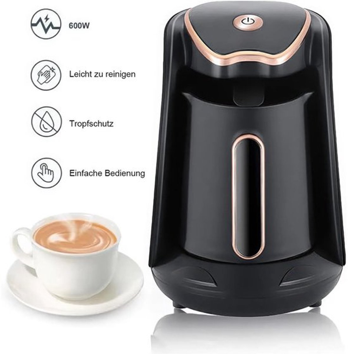 Elektrisch Turks koffiezetapparaat, 600 watt, 300 ml, capaciteit voor 4 kopjes, met overloopbeveiliging en droogkookbeveiliging.