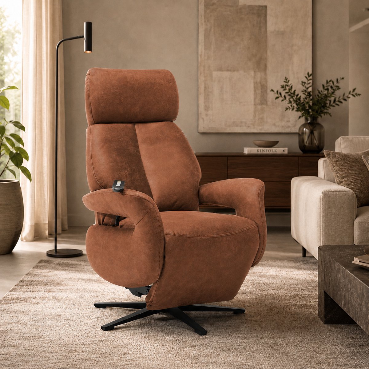 Relaxfauteuil Milo – Microleder – Sta-op stoel - Elektrisch Verstelbaar – Met Accu – 2 Motoren – 360° Draaibaar – Cognac