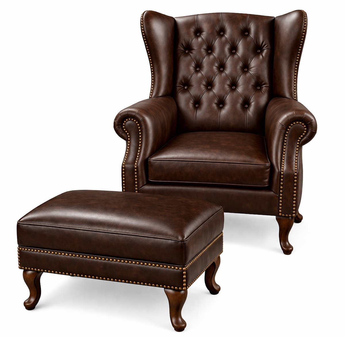 Chesterfield Fauteuil met hocker - Mokka Bruin - Leer - Wing Chair - Oorfauteuil