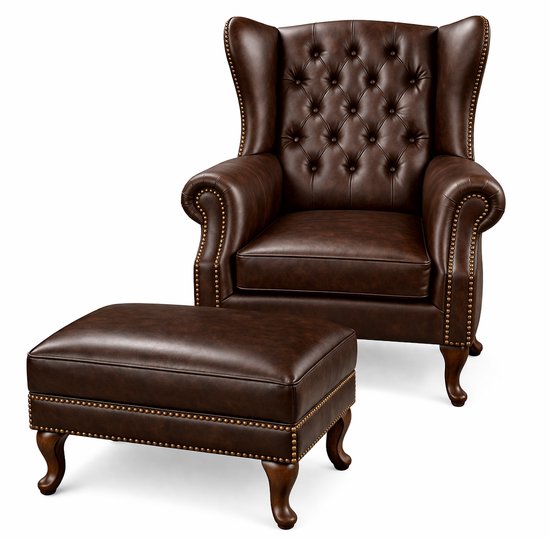 Chesterfield Fauteuil + Hocker - Mokka Bruin - Leer - Stoel Chesterfield - Arm Chair - Lounge Chair - Clubfauteuil - Relaxfauteuil - Loungestoel - Zetel