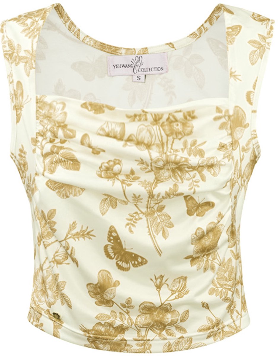 Modieuze Mouwloze Top met Asymmetrische Hals en Botanische Print - Beige - Maat M