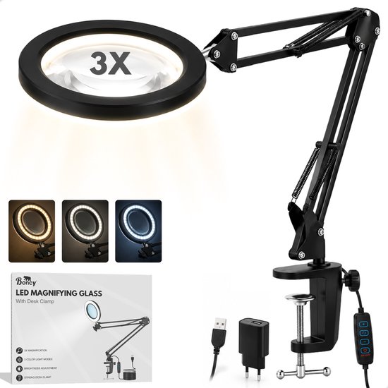 Boncy® Premium Loeplamp met LED Verlichting - Staande Loep Vergrootglas - Verstelbare Looplamp met Tafelklem - Hobbylamp Borduurlamp - Dimbare Tafelloep met USB Snoer - Tafel Loeplampen - 3x Vergroting - 3 Kleurmodi