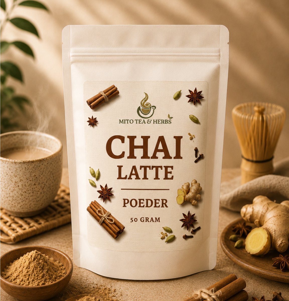Mito Chai latte poeder - Kaneel - gember - kardemom - nootmuskaat - kruidnagel - zwarte peper - gedroogd en gemalen - 50 gram