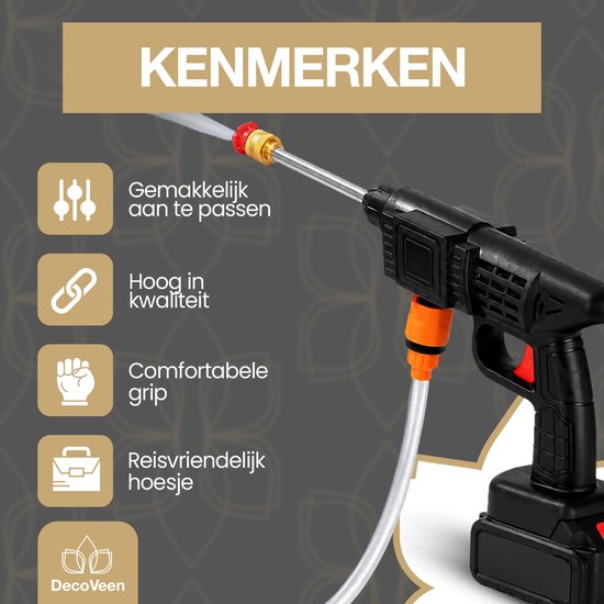 Kenmerken van de DecoVeen hogedrukreiniger: makkelijk aan te passen, hoge kwaliteit, comfortabele grip, reiskoffer.