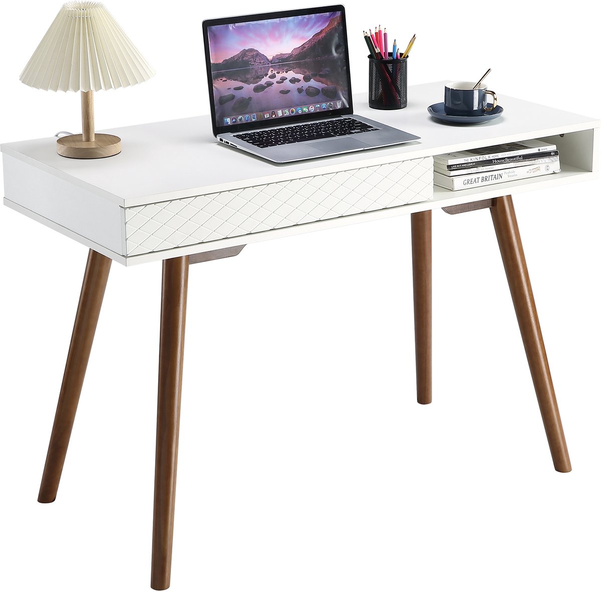 Bureau met Lade - Wit met Walnootpoten - 180x50x75 cm