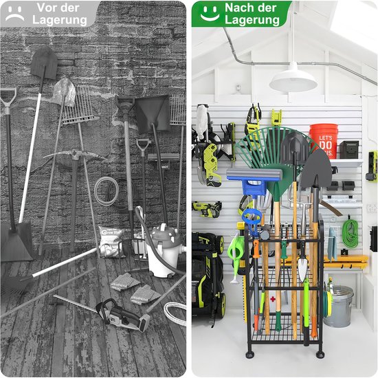 Zware Stalen Tuingereedschap Opbergrek met Haken en Wielen - Roestbestendige Gereedschapsorganizer voor Tuin en Garage - Zwart — afbeelding 3
