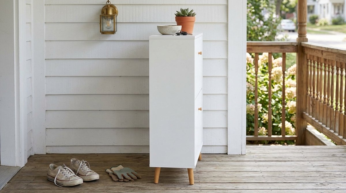 Schoenenkast House&Garden Nordic White – Smalle Schoenopberger met 2 Kleppen – Witte Scandinavische Halkast – Ruimtebesparende Schoenenkast – Houten Poten – Voor 6 Paar Schoenen – 59,8 x 19,5 x 92,2 cm