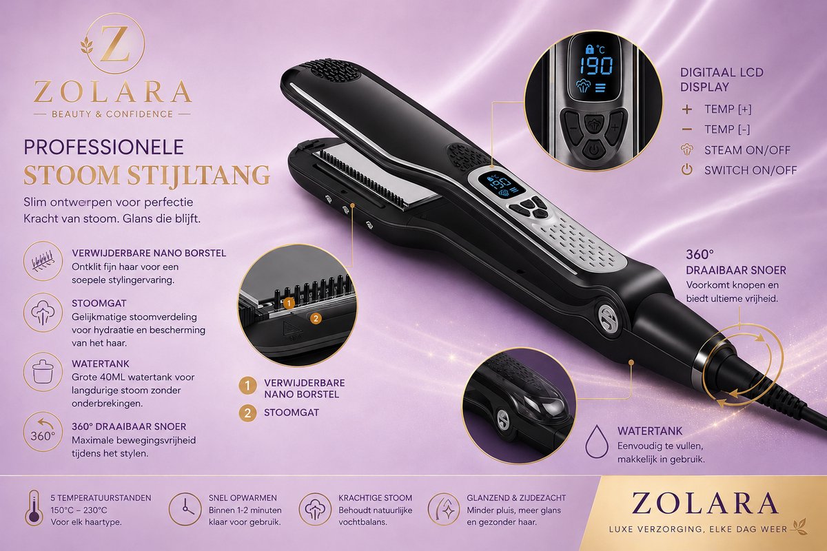 Zolara Professionele Stoom Stijltang - Steampod - Stoomstijltang - Haarstyler - Keramische Haarstijltang met Stoom - Toermalijn Platen - Digitaal LCD Display - 5 Temperatuurstanden - 150°C-230°C - Voor Nat & Droog Haar - Zwart