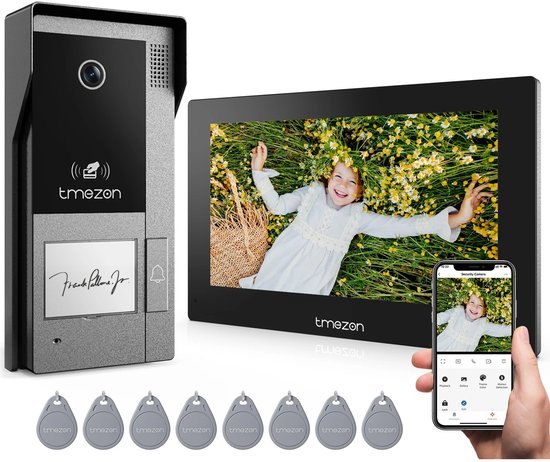 Zilverkleurige deurbel, 7-inch binnenscherm met lachend meisje, smartphone met camerabeeld en 8 zilverkleurige sleutelhangers.
