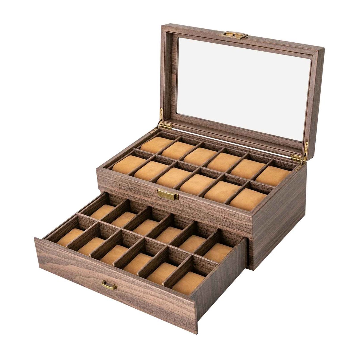 CORE Horlogebox - Horloge opslagdoos - 2-laags goed voor 24 horloges - Glazen cover - Rustiek bruine horlogevitrine - 34x21x15cm - Bruin