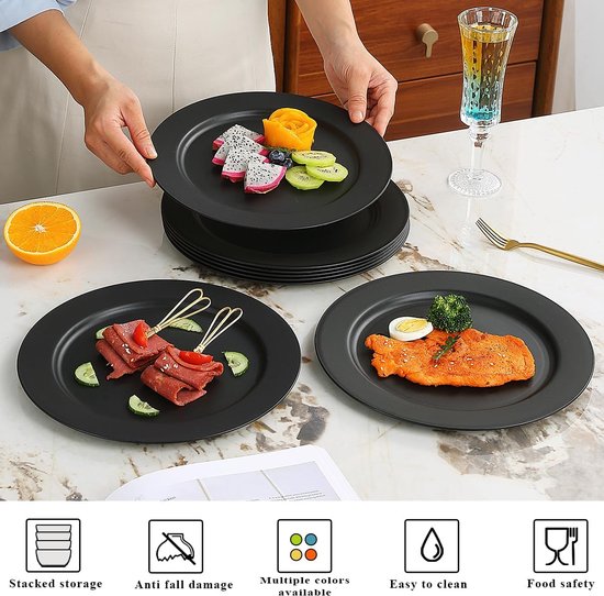 Zwarte Servies Set - Kunststof Borden - 8 Stuks 25 cm - Onbreekbaar en Vaatwasmachinebestendig - Voor Picknick Camping en Thuisgebruik - Zwart Design — afbeelding 4