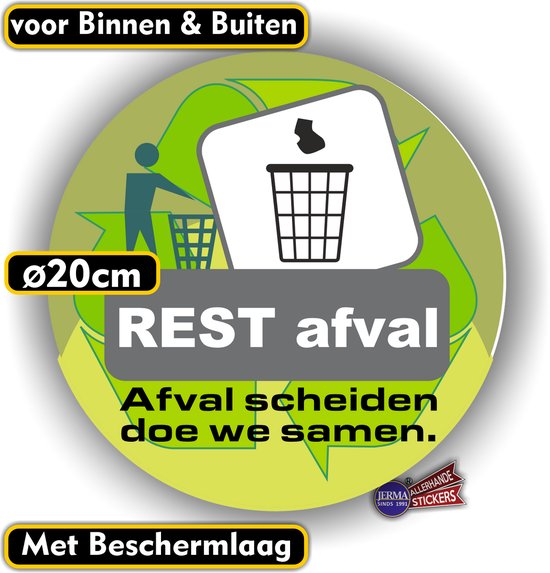 Jerma - Afvalbak - Restafval - Sticker - Ø 20 cm - Zelfklevend - Vinyl - Weerbestendig - Krasvrij