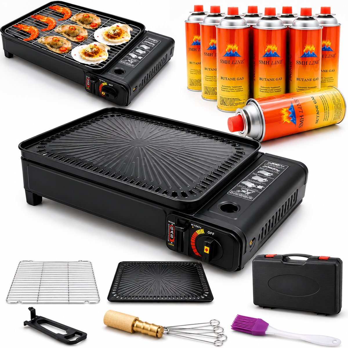 SMH LINE® Draagbare Party Grill - Camping kooktoestel - Gas barbecue - Incl. 8x Gasflessen