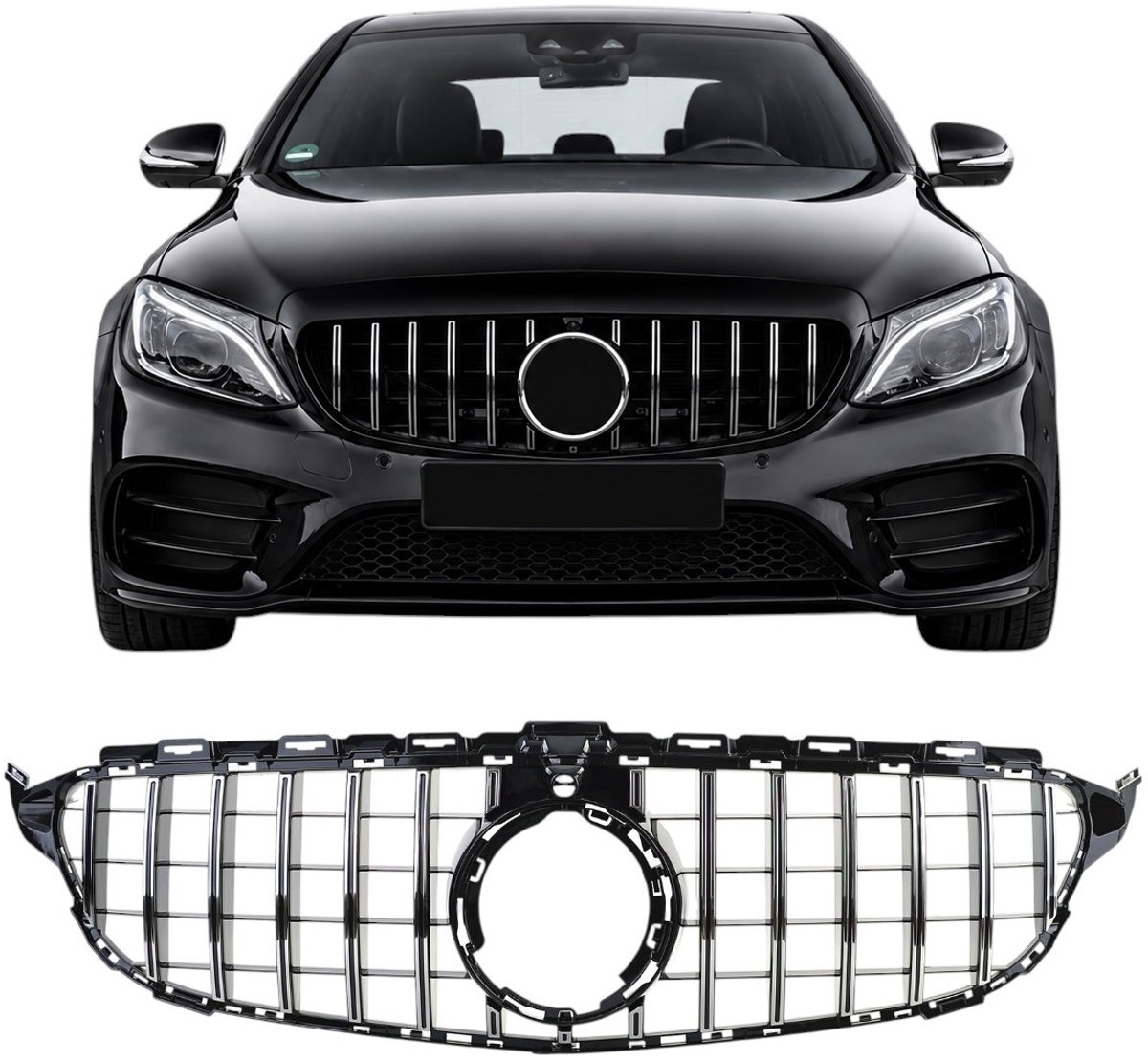 Grill Geschikt voor Mercedes C-Klasse W205 | Facelift (vanaf 03/2018) | Met 360° Camera Voorziening | Chroom